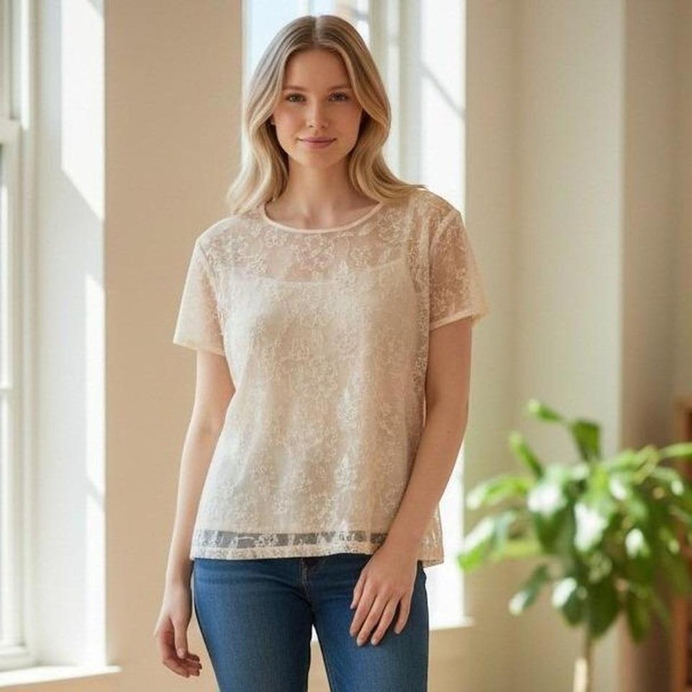 Talbots Blouse Womens 12P Cream Silk Embroidered Floral Sheer Vtg Top